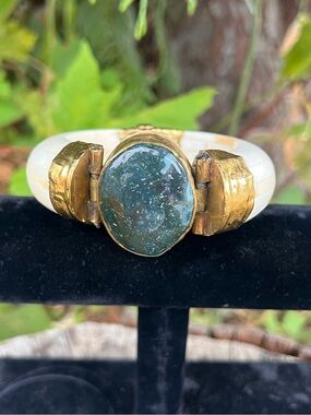 Gold-Tone Jade Green Stone Bone Bangle Bracelet